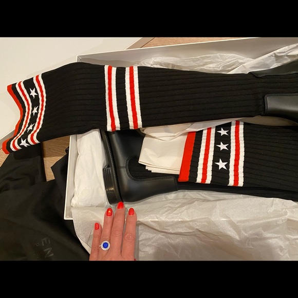 NIB. Givenchy. Storm rubber and ribbed-knit thigh sock boots. - Picture 8 of 13